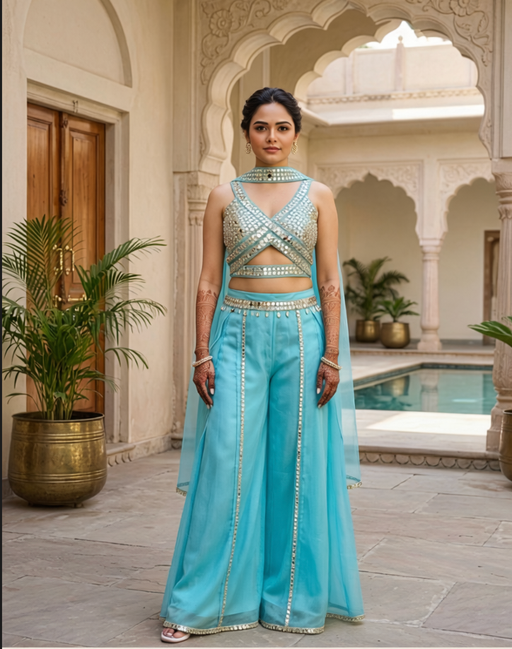 Exquisite Hand-Embroidered Mirror Work Co-ord Set in Pure Raw Silk