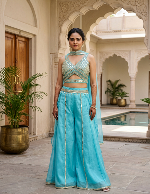 Exquisite Hand-Embroidered Mirror Work Co-ord Set in Pure Raw Silk