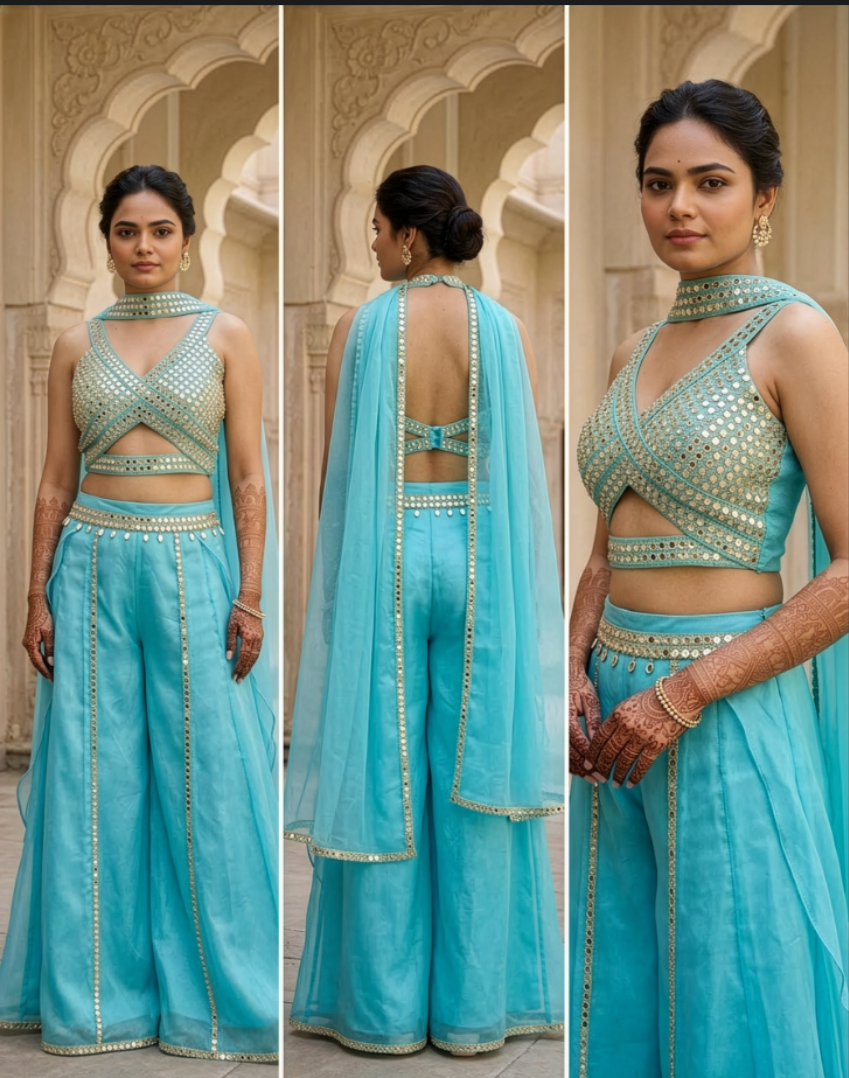Exquisite Hand-Embroidered Mirror Work Co-ord Set in Pure Raw Silk