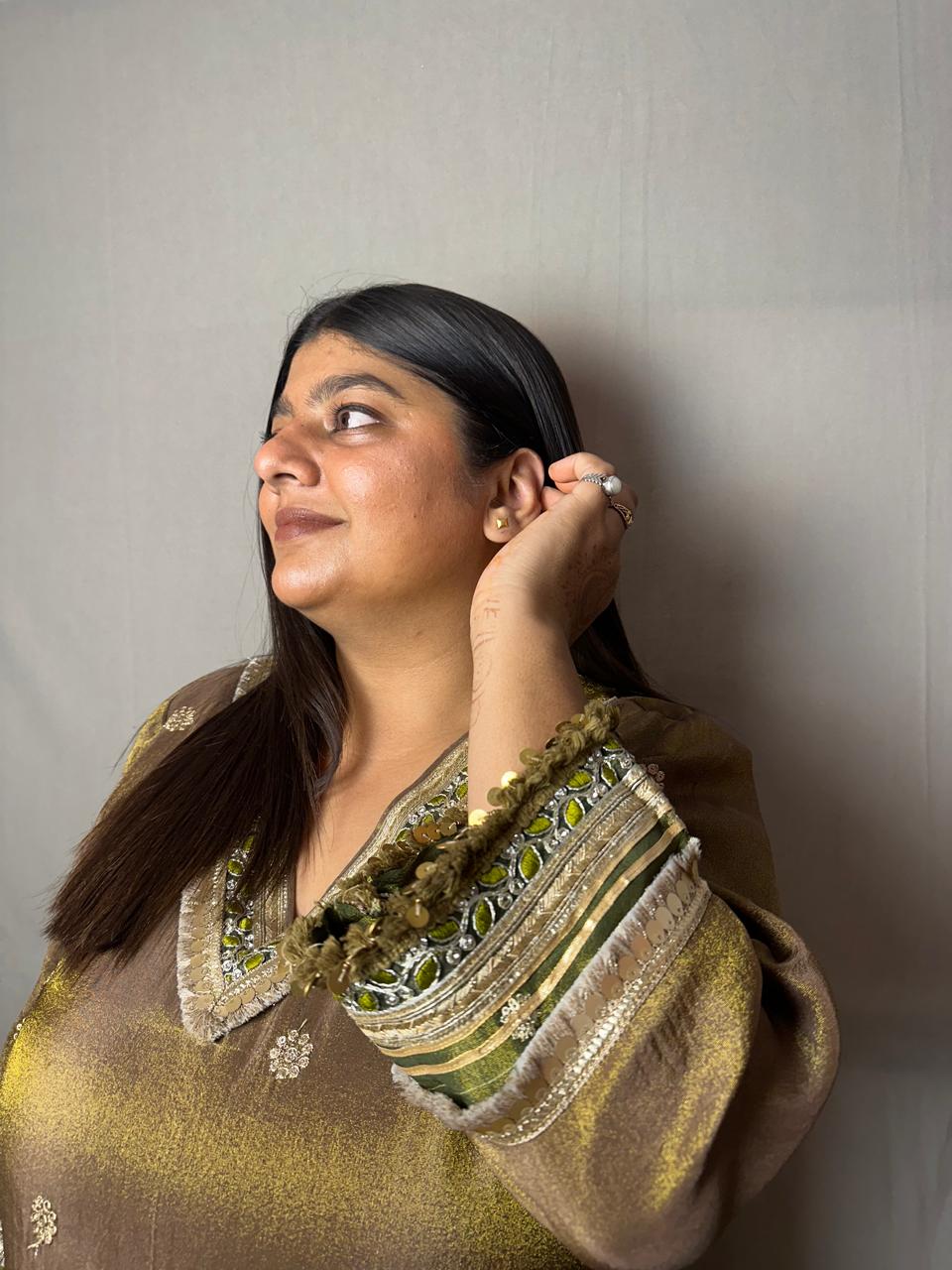Olive Green & Gold Banarasi Silk Kurta Set with Dupatta