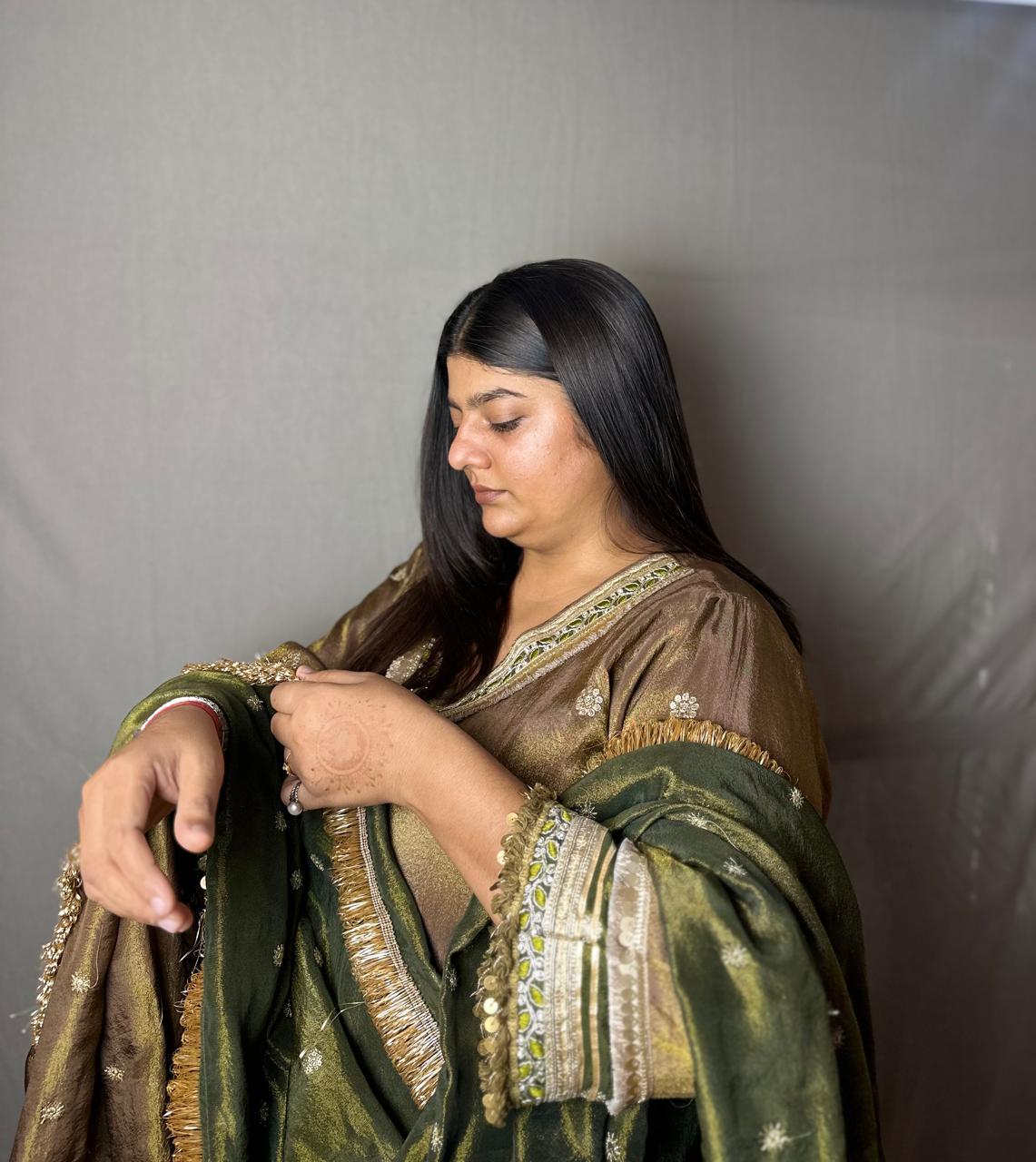 Olive Green & Gold Banarasi Silk Kurta Set with Dupatta