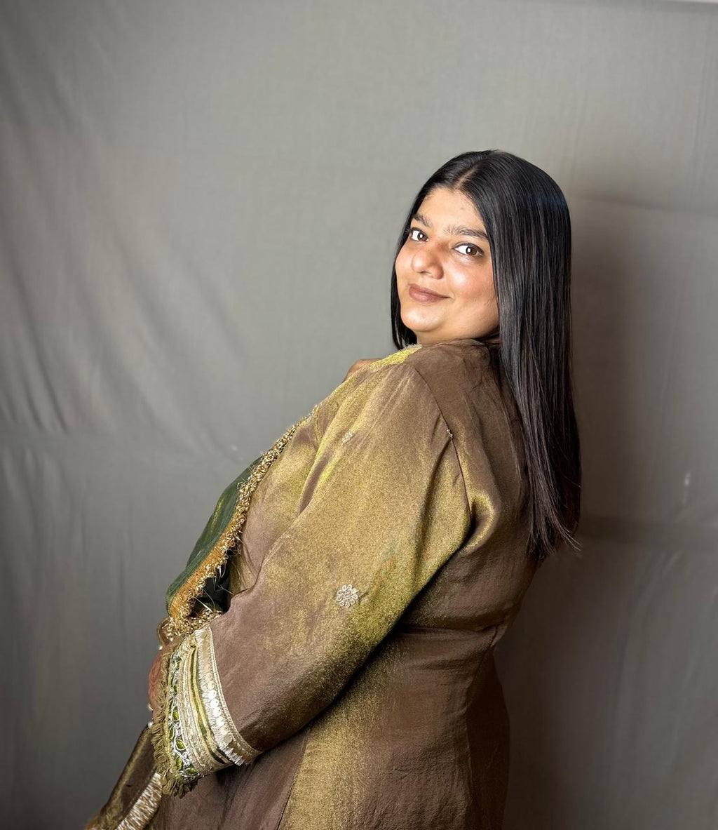 Olive Green & Gold Banarasi Silk Kurta Set with Dupatta