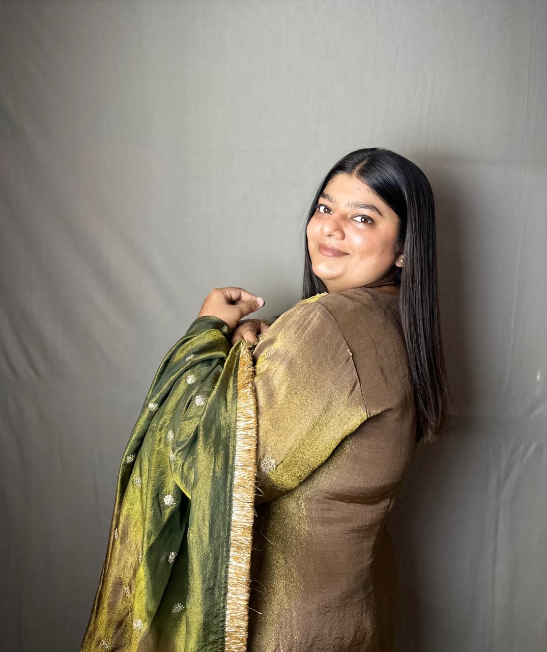 Olive Green & Gold Banarasi Silk Kurta Set with Dupatta