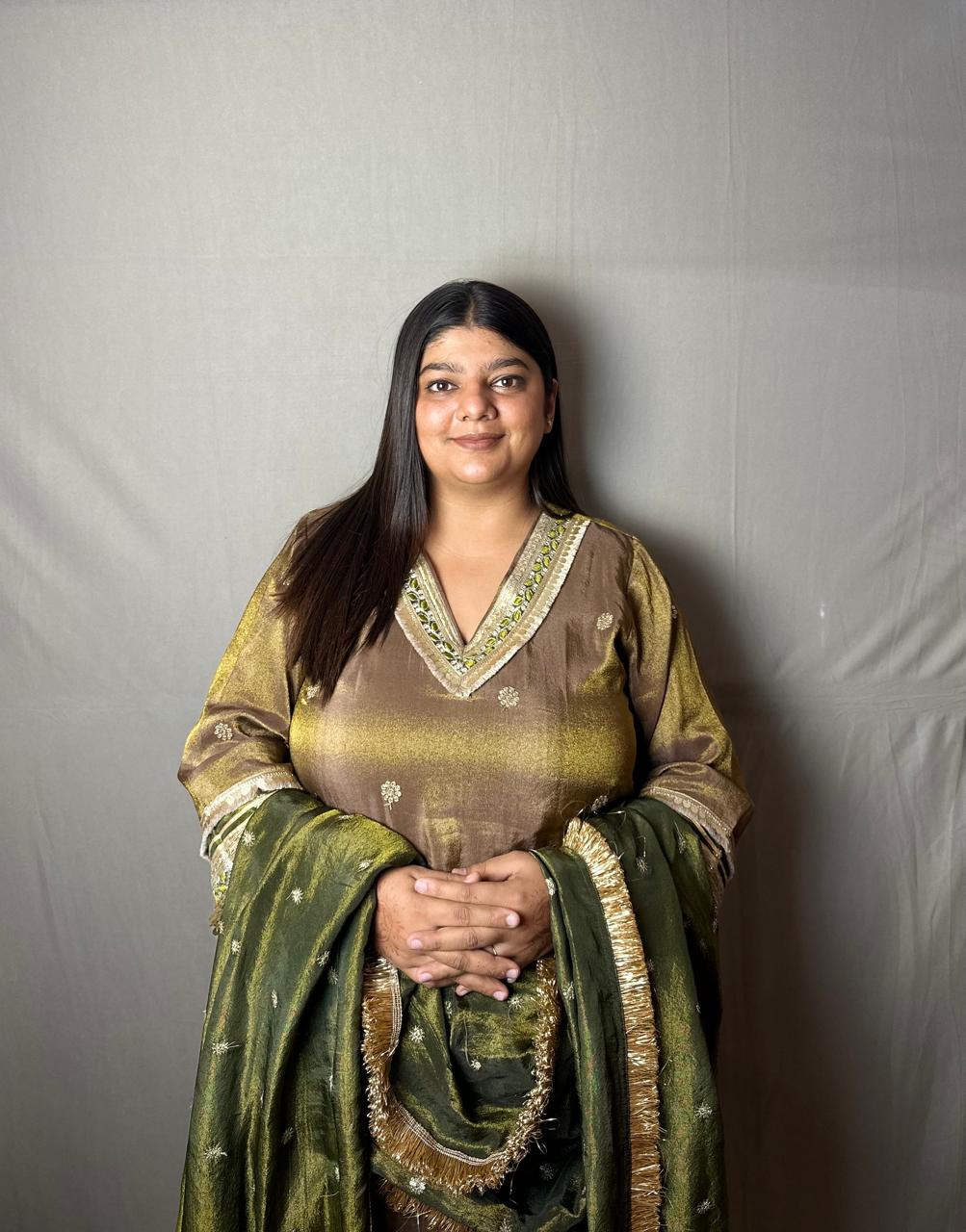 Olive Green & Gold Banarasi Silk Kurta Set with Dupatta