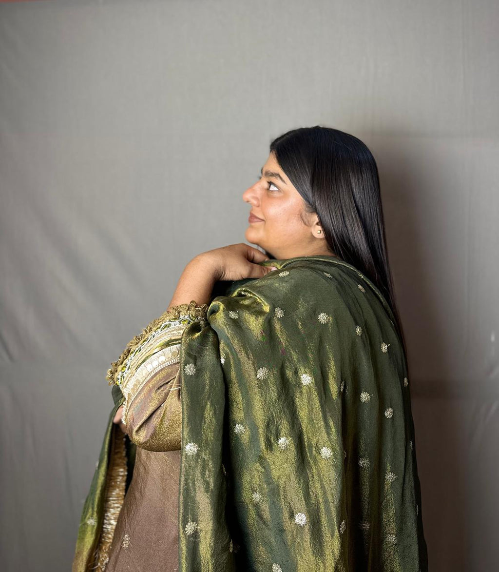 Olive Green & Gold Banarasi Silk Kurta Set with Dupatta